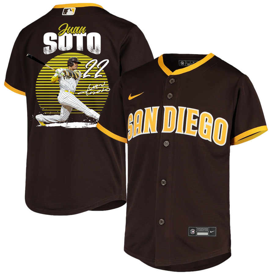 Juan Soto 22 San Diego Padres Signed Hit 2023 Road Player Brown MLB Jersey Youth