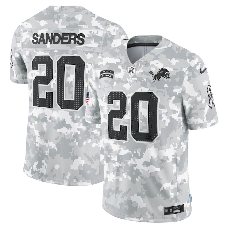 Barry Sanders 20 Detroit Lions 2024 Salute to Service Retired Player Limited Arctic Camo NFL Jersey Men's