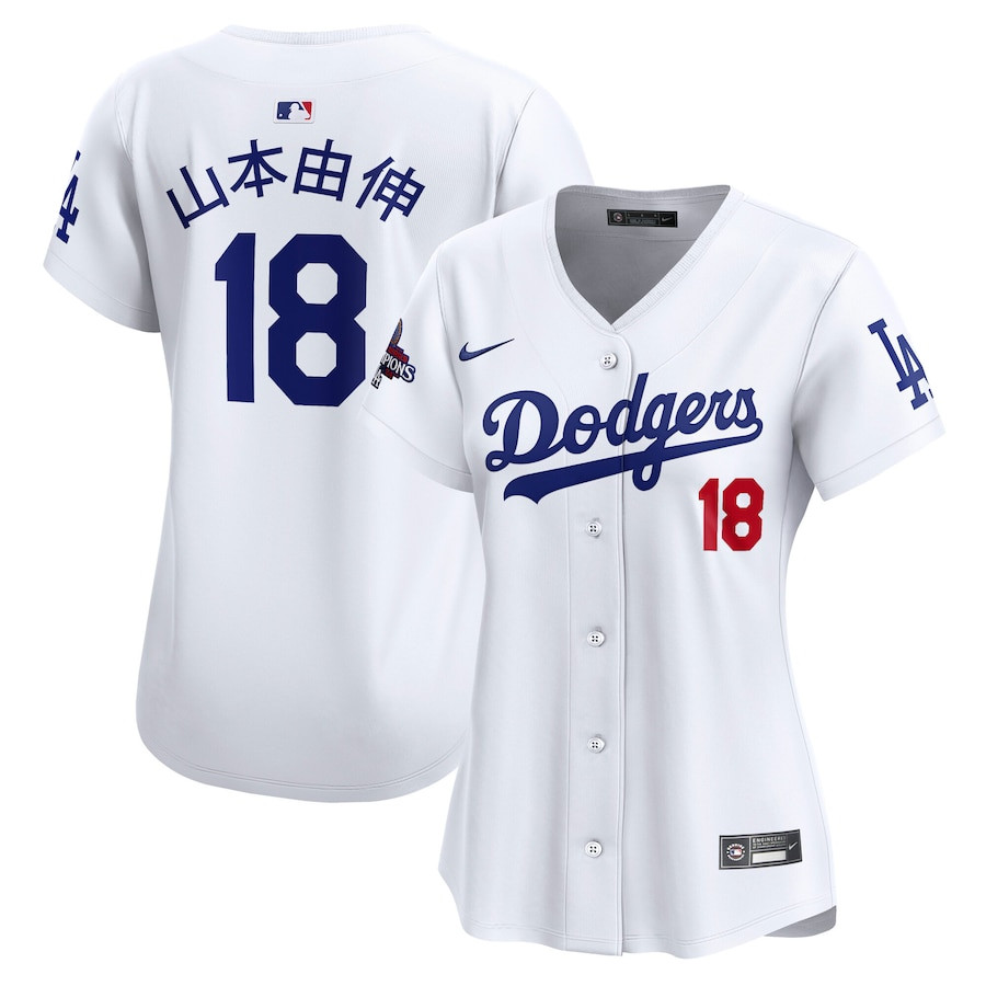 Yoshinobu Yamamoto 18 Los Angeles Dodgers 2024 World Series Champions Japanese Characters Limited Player White MLB Jersey Women's