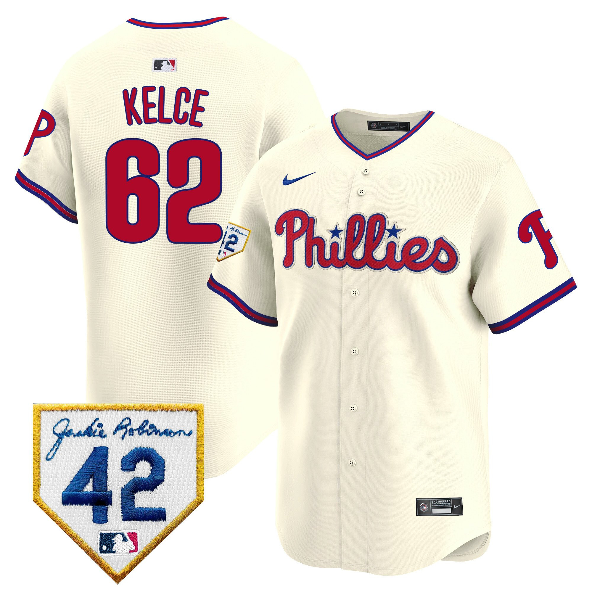 Jason Kelce 62 Philadelphia Phillies 2024 Jackie Robinson Patch Cream MLB Jersey Men's