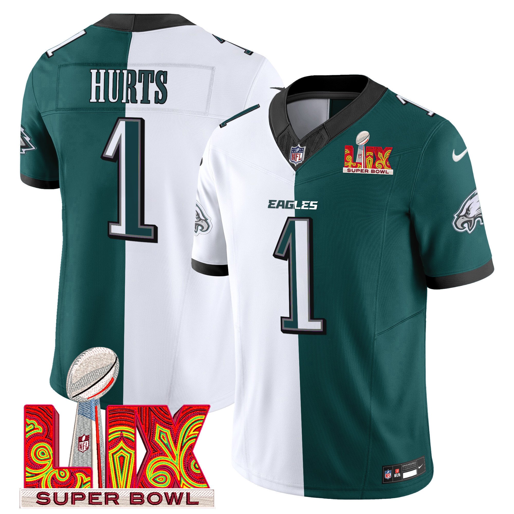 Jalen Hurts 1 Philadelphia Eagles Super Bowl Champions LIX Patch Vapor Limited Split NFL Jersey Men's