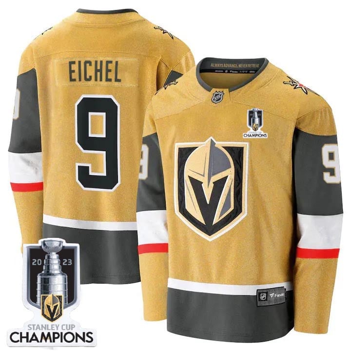 Jack Eichel 9 Vegas Golden Knights 2023 Stanley Cup Champions Patch Breakaway Home Gold NHL Jersey Men's