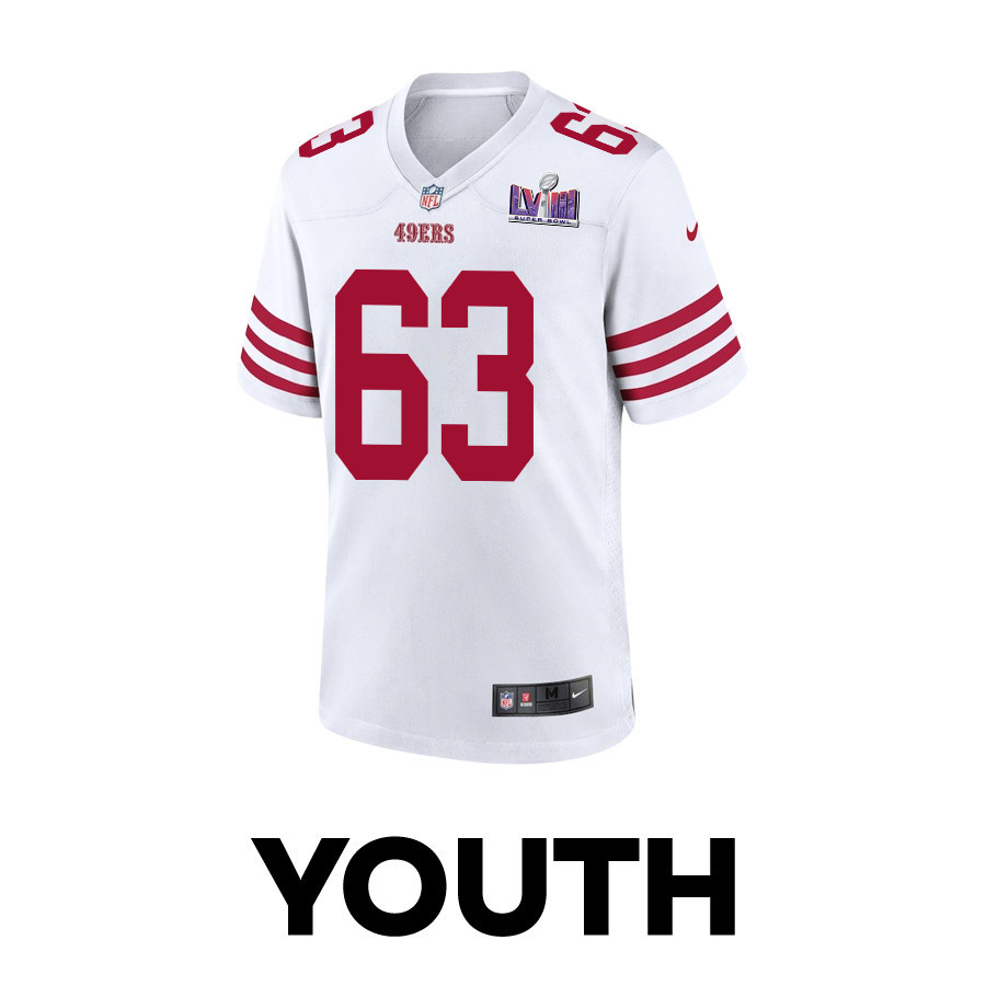 Nick Zakelj 63 San Francisco 49ers Super Bowl LVIII Patch Game White NFL Jersey Youth