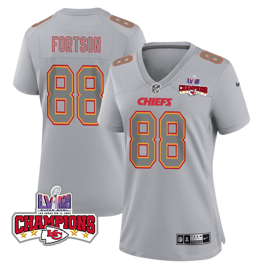Jody Fortson 88 Kansas City Chiefs Super Bowl LVIII Champions 4 Stars Patch Atmosphere Fashion Game Gray NFL Jersey Women's