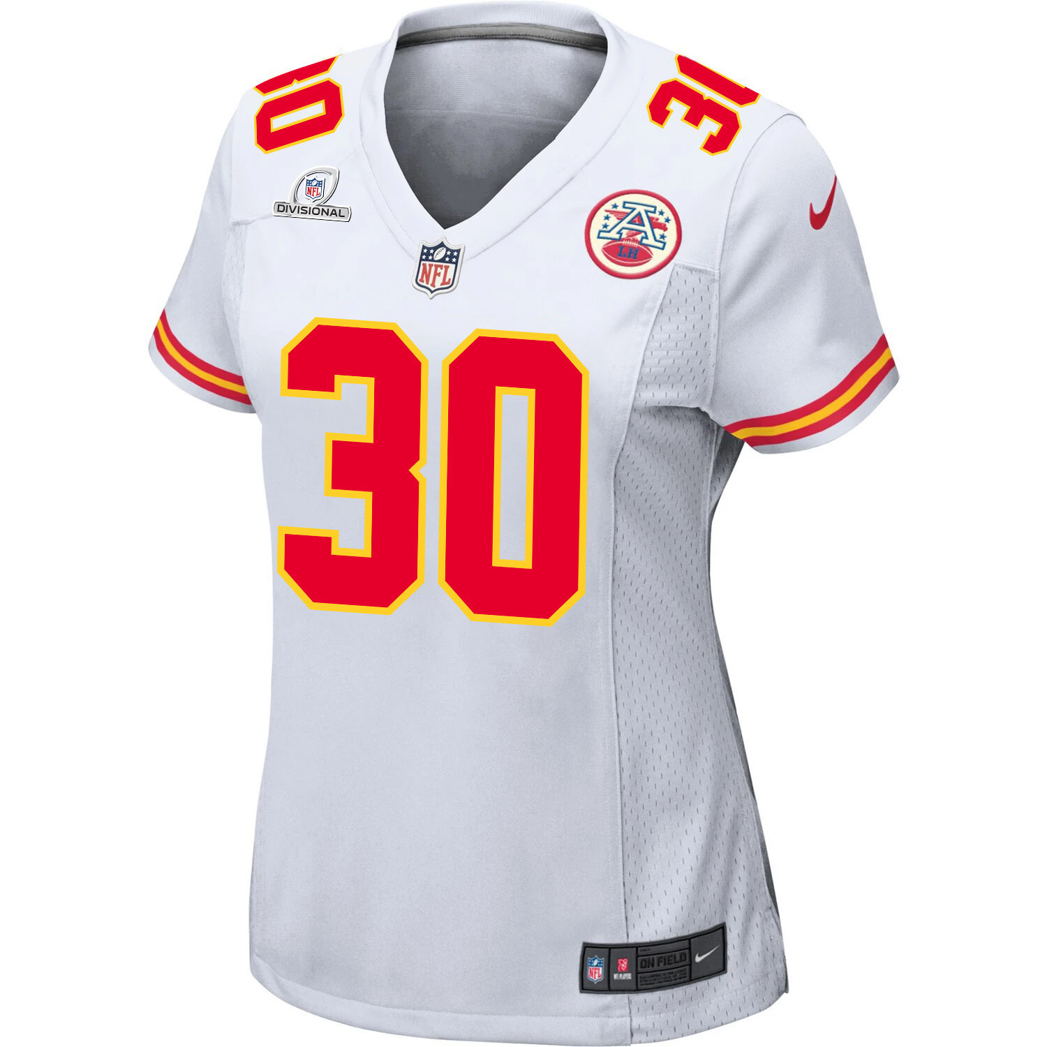 Keaontay Ingram 30 Kansas City Chiefs Super Bowl LVIII Patch Game White NFL Jersey Women's