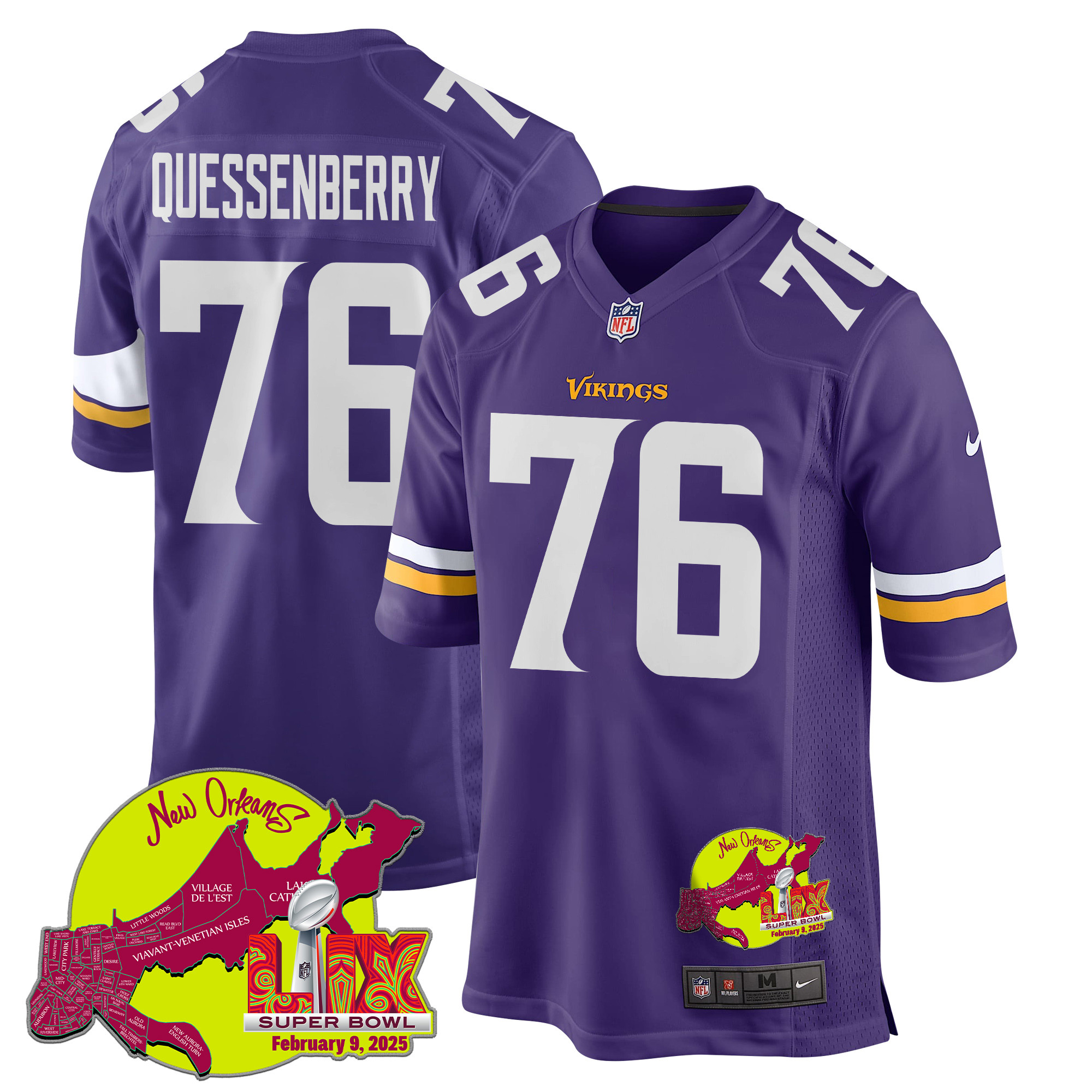 David Quessenberry 76 Minnesota Vikings Super Bowl LIX New Orleans Patch Game Purple NFL Jersey Men's