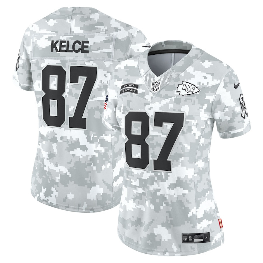 Travis Kelce 87 Kansas City Chiefs 2024 Salute to Service Limited Arctic Camo NFL Jersey Women's