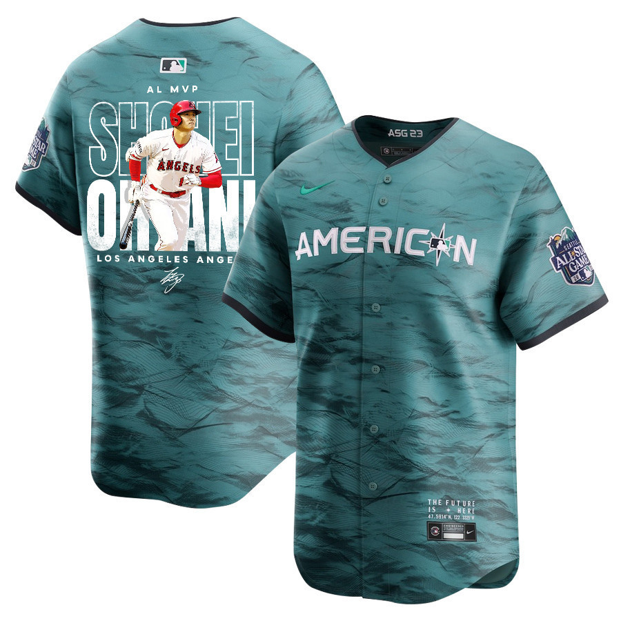 Shohei Ohtani 17 Los Angeles Angels Signed Name 2023 All Star Game Limited Player Teal MLB Jersey Men's