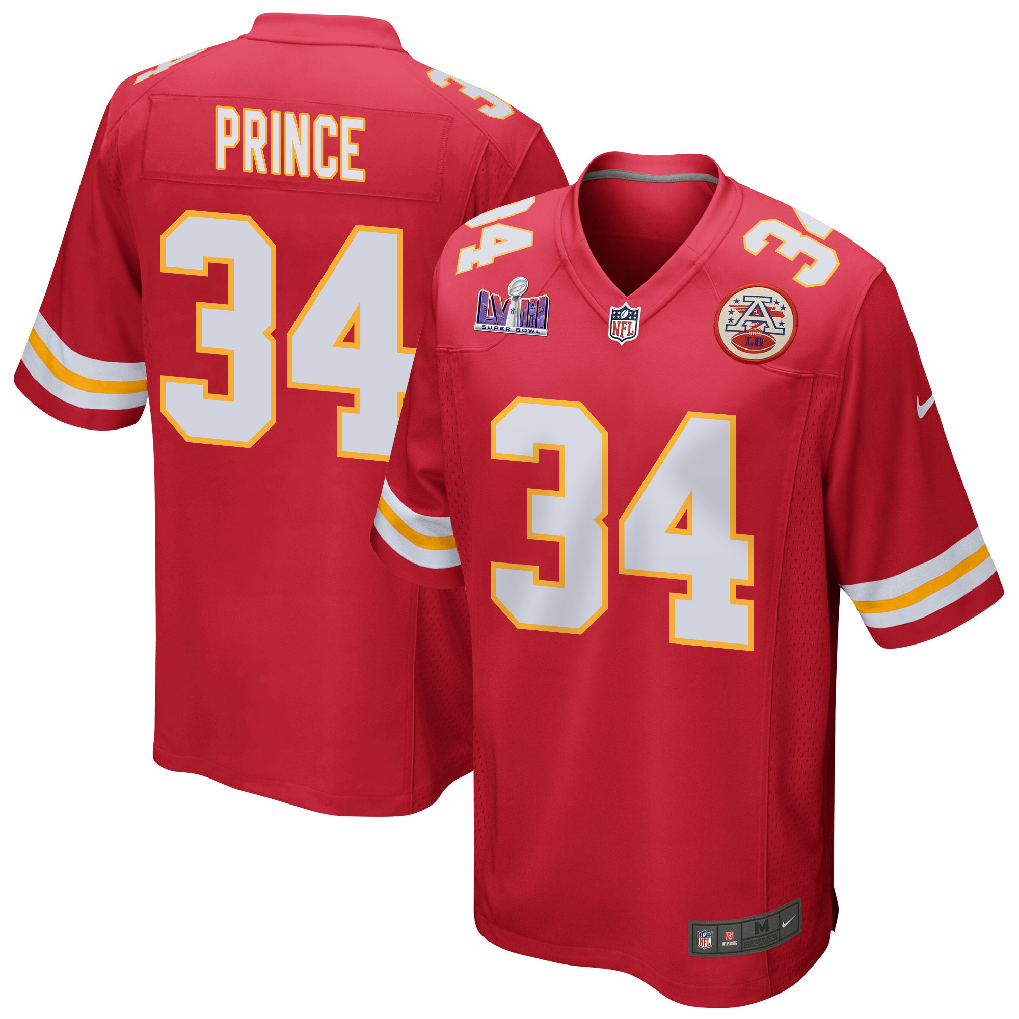 Deneric Prince 34 Kansas City Chiefs Super Bowl LVIII Patch Game Red NFL Jersey Men's