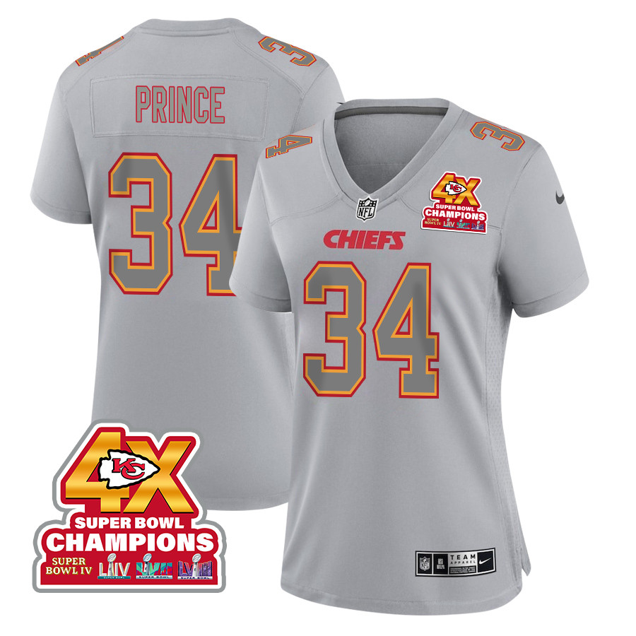 Deneric Prince 34 Kansas City Chiefs Super Bowl LVIII Champions 4X Atmosphere Fashion Game Gray NFL Jersey Women's