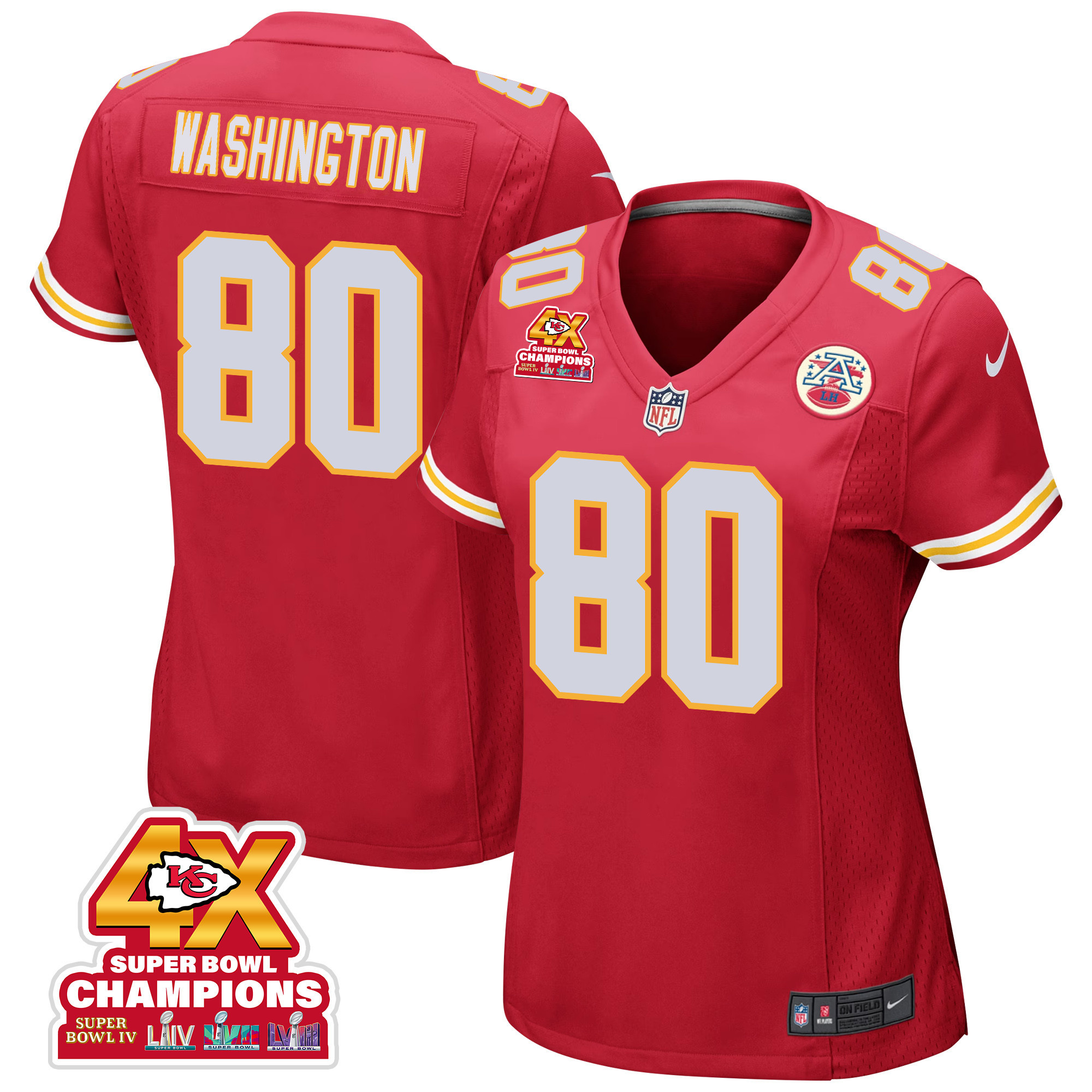 Montrell Washington 80 Kansas City Chiefs Super Bowl LVIII Champions 4X Game Red NFL Jersey Women's