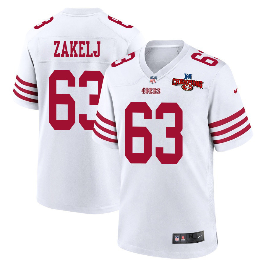 Nick Zakelj 63 San Francisco 49ers NFC Champions Patch Game White NFL Jersey Men's