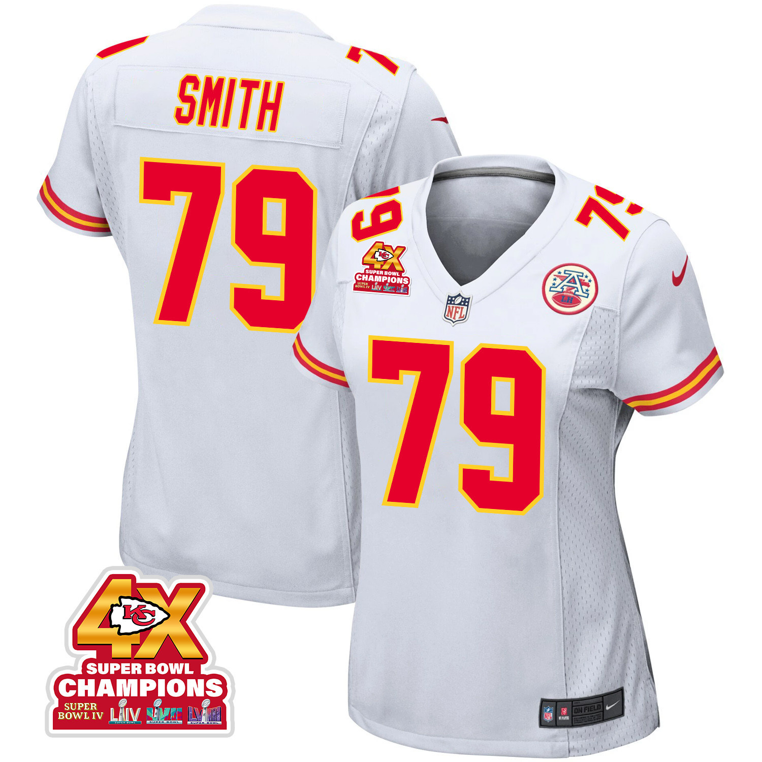 Donovan Smith 79 Kansas City Chiefs Super Bowl LVIII Champions 4X Game White NFL Jersey Women's