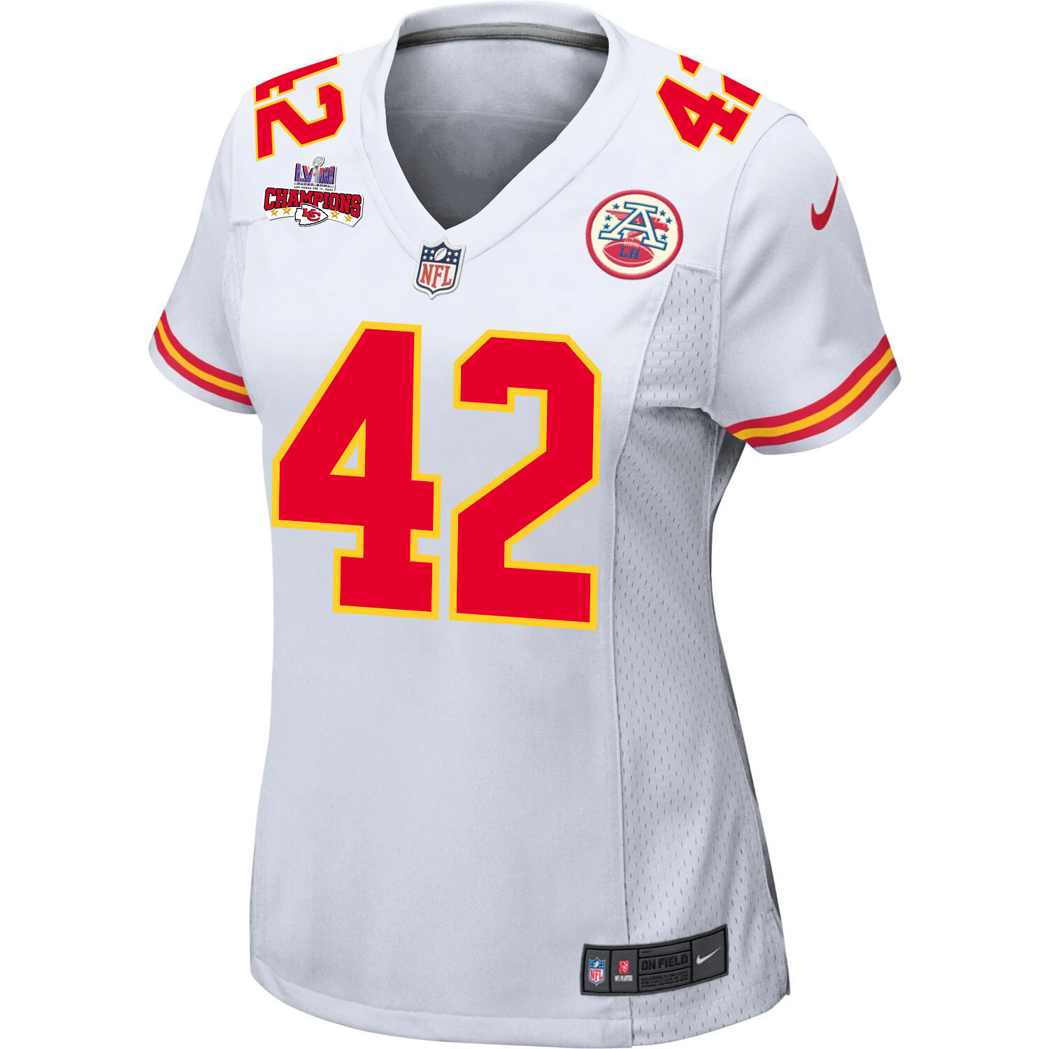 Tyree Gillespie 42 Kansas City Chiefs Super Bowl LVIII Champions 4 Stars Patch Game White NFL Jersey Women's