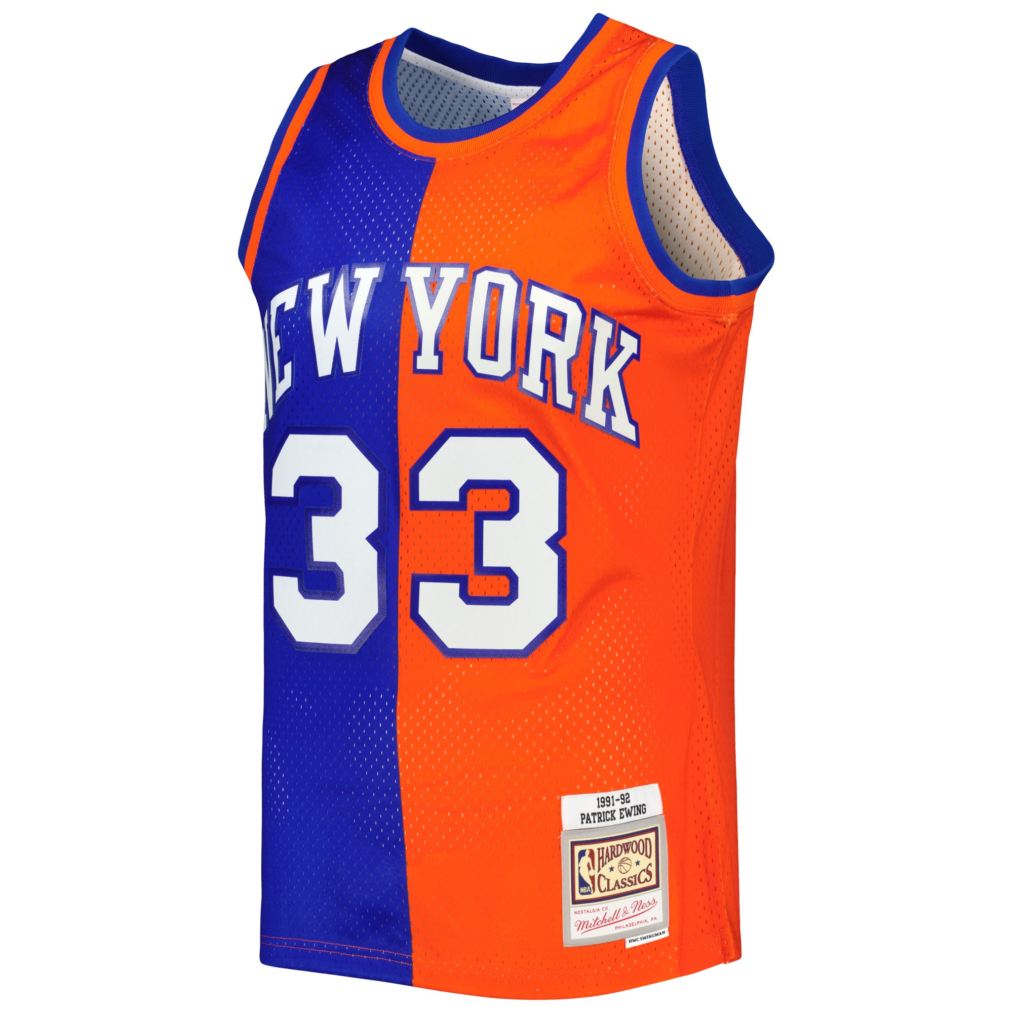 Mitchell Ness Patrick Ewing Blue/Orange New York Knicks Hardwood Classics 1991/92 Split Swingman NBA Jersey Men's