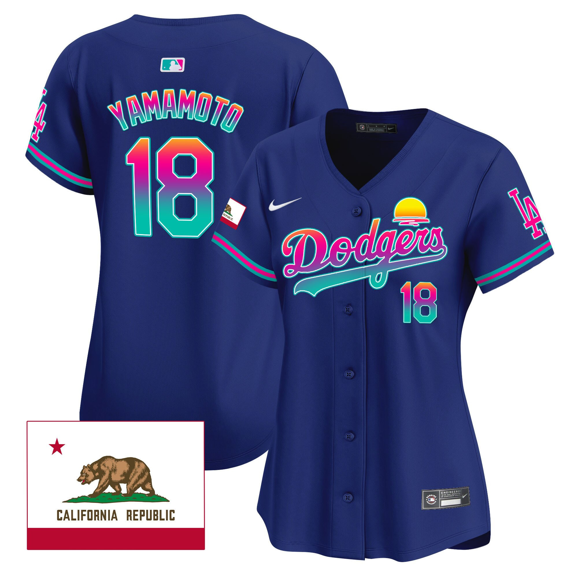 Yoshinobu Yamamoto 18 Los Angeles Dodgers 2024 Los Angeles City Style California Republic Patch Royal MLB Jersey Women's