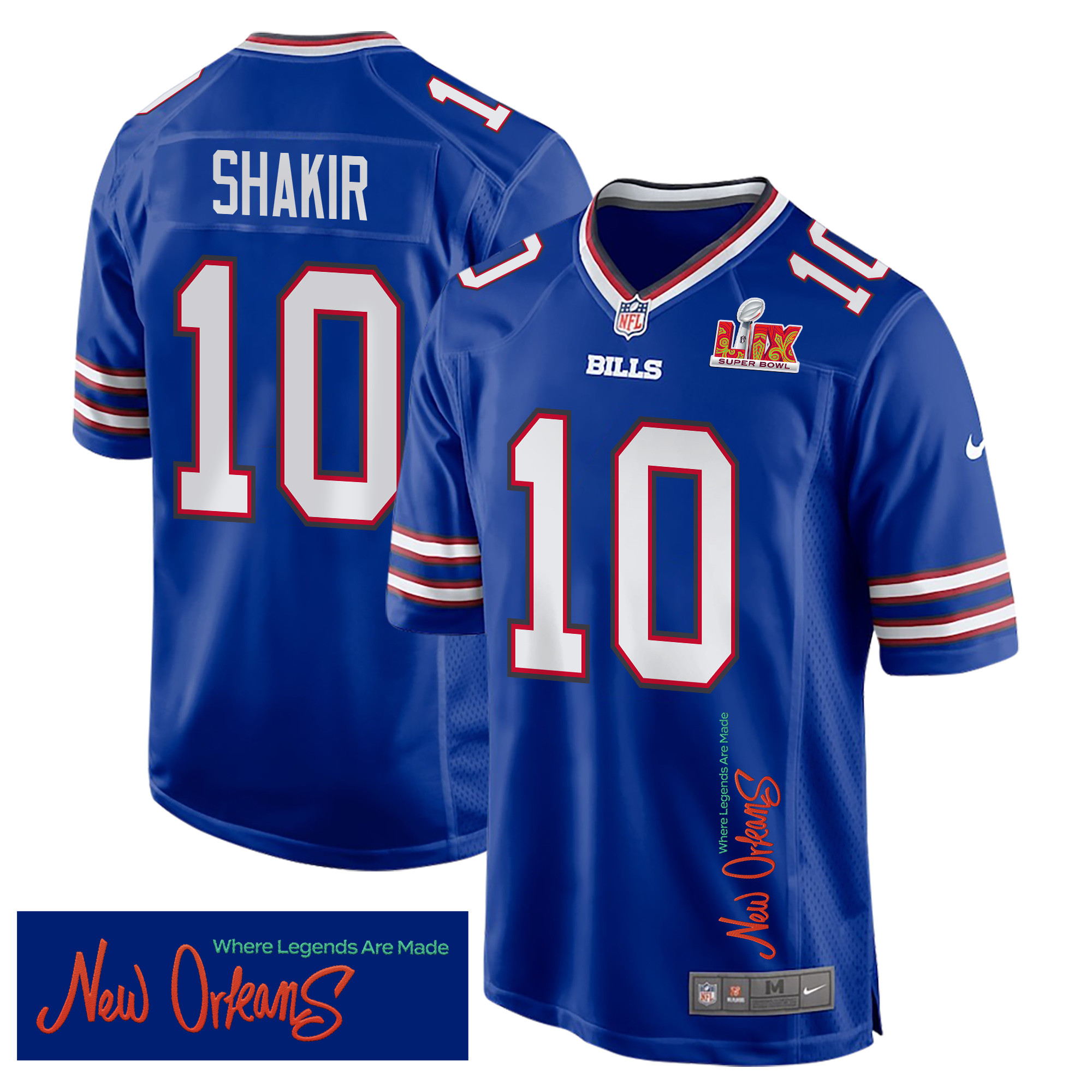 Khalil Shakir 10 Buffalo Bills Super Bowl LIX New Orleans Where Legends Are Made' EMBROIDERED Game Royal NFL Jersey Men's