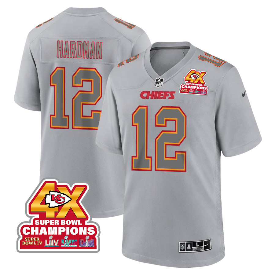 Mecole Hardman 12 Kansas City Chiefs Super Bowl LVIII Champions 4X Atmosphere Fashion Game Gray NFL Jersey Men's