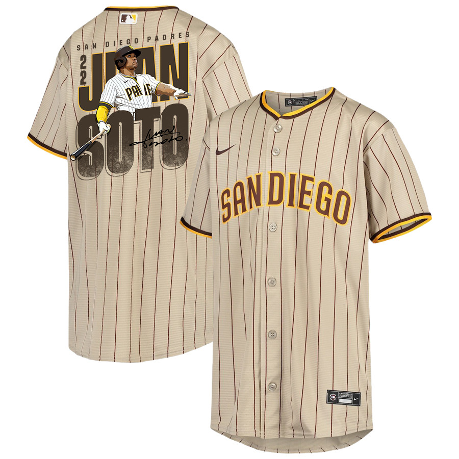 Juan Soto 22 San Diego Padres Signed Posture 2023 Alternate Player Sand/Brown MLB Jersey Youth