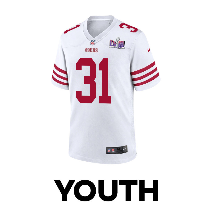 Tashaun Gipson Sr. 31 San Francisco 49ers Super Bowl LVIII Patch Game White NFL Jersey Youth