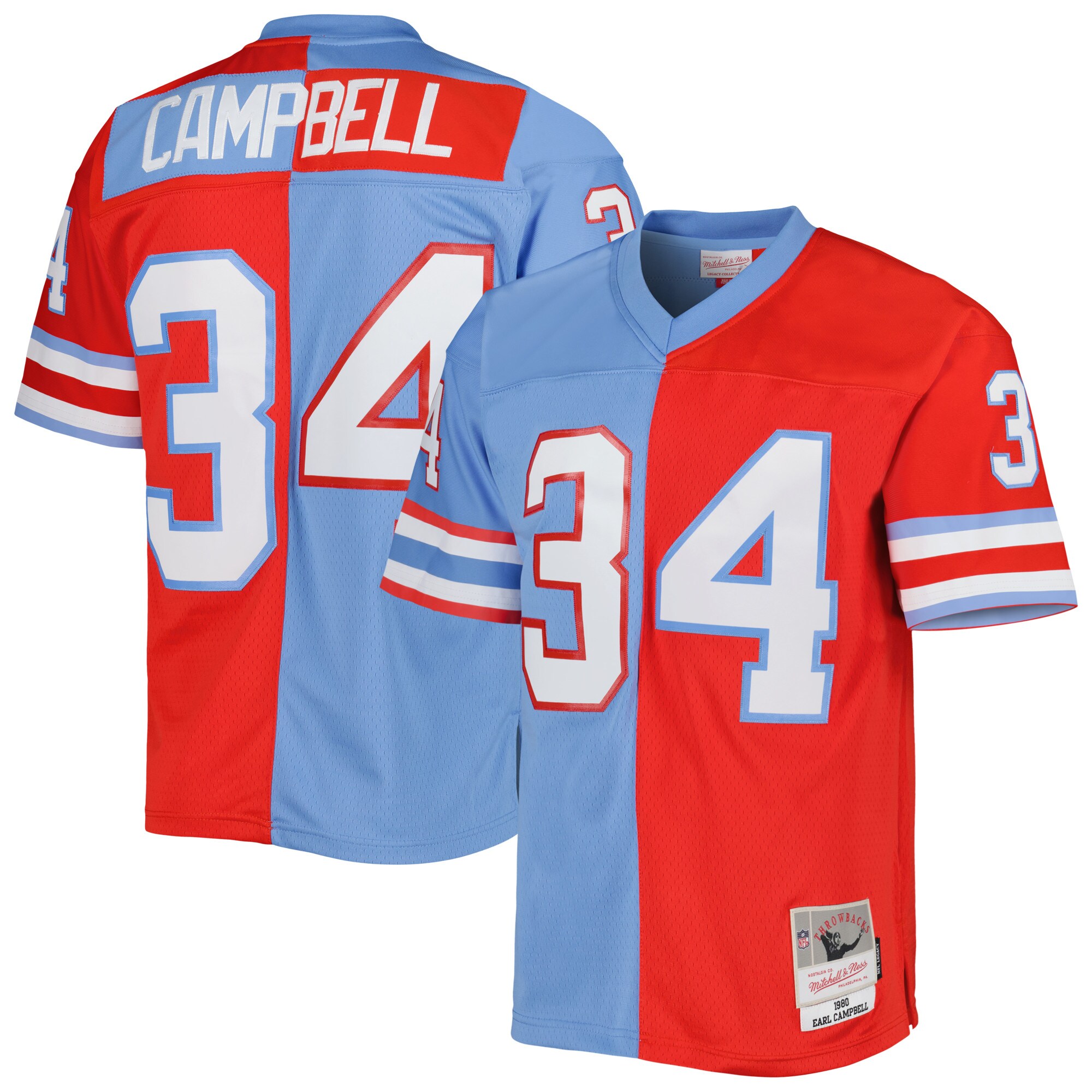 Houston Oilers Earl Campbell Mitchell Ness Red/Light Blue Gridiron Classics 1980 Split Legacy NFL Jersey Men's