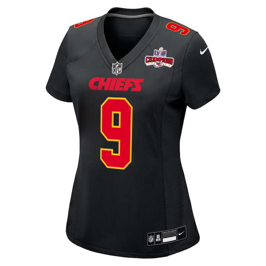 Blaine Gabbert 9 Kansas City Chiefs Super Bowl LVIII Champions 4 Stars Patch Fashion Game Carbon Black NFL Jersey Women's