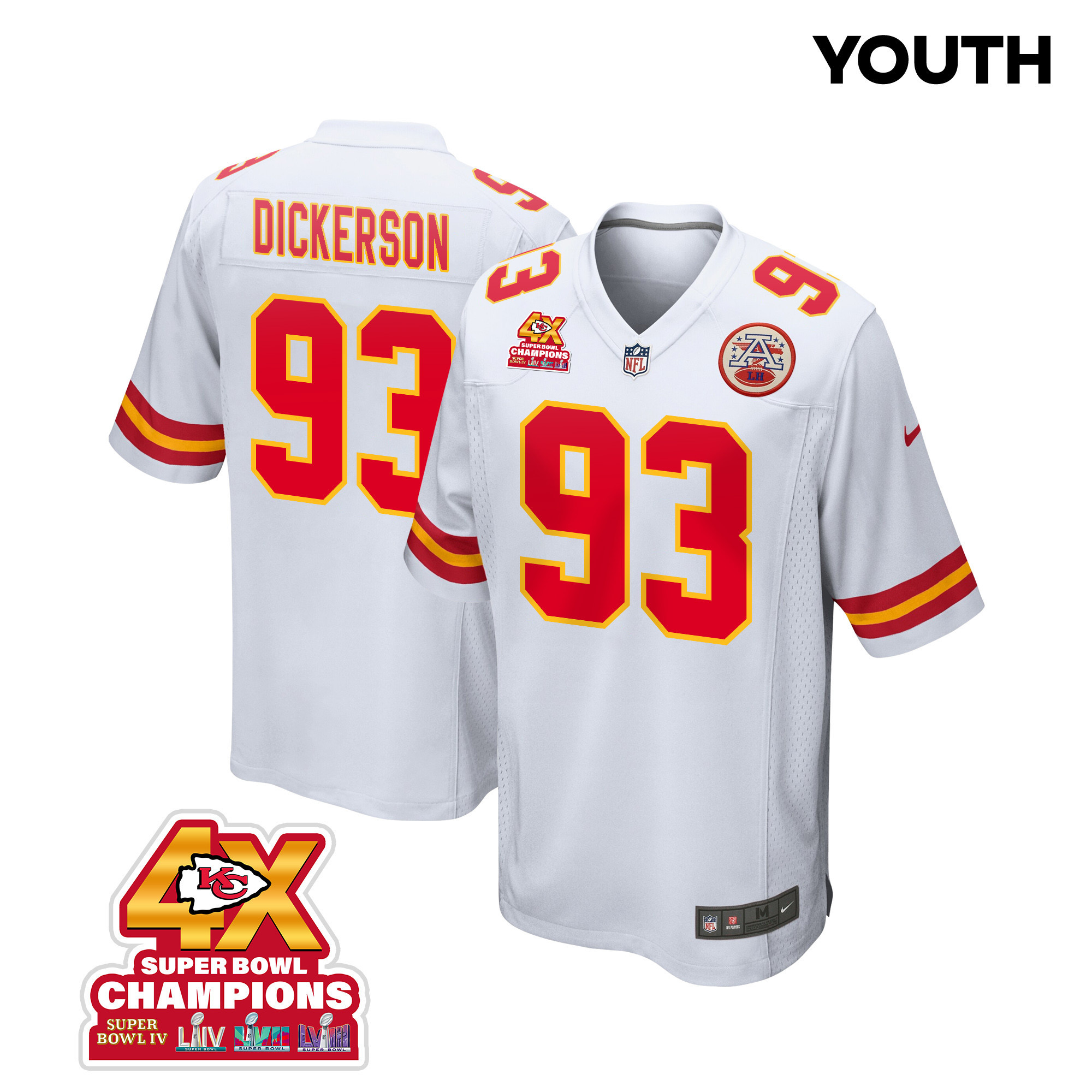 Matt Dickerson 93 Kansas City Chiefs Super Bowl LVIII Champions 4X Game White NFL Jersey Youth