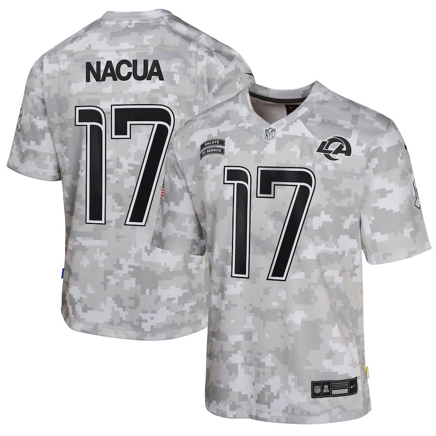 Puka Nacua 17 Los Angeles Rams 2024 Salute to Service Game Arctic Camo NFL Jersey Youth