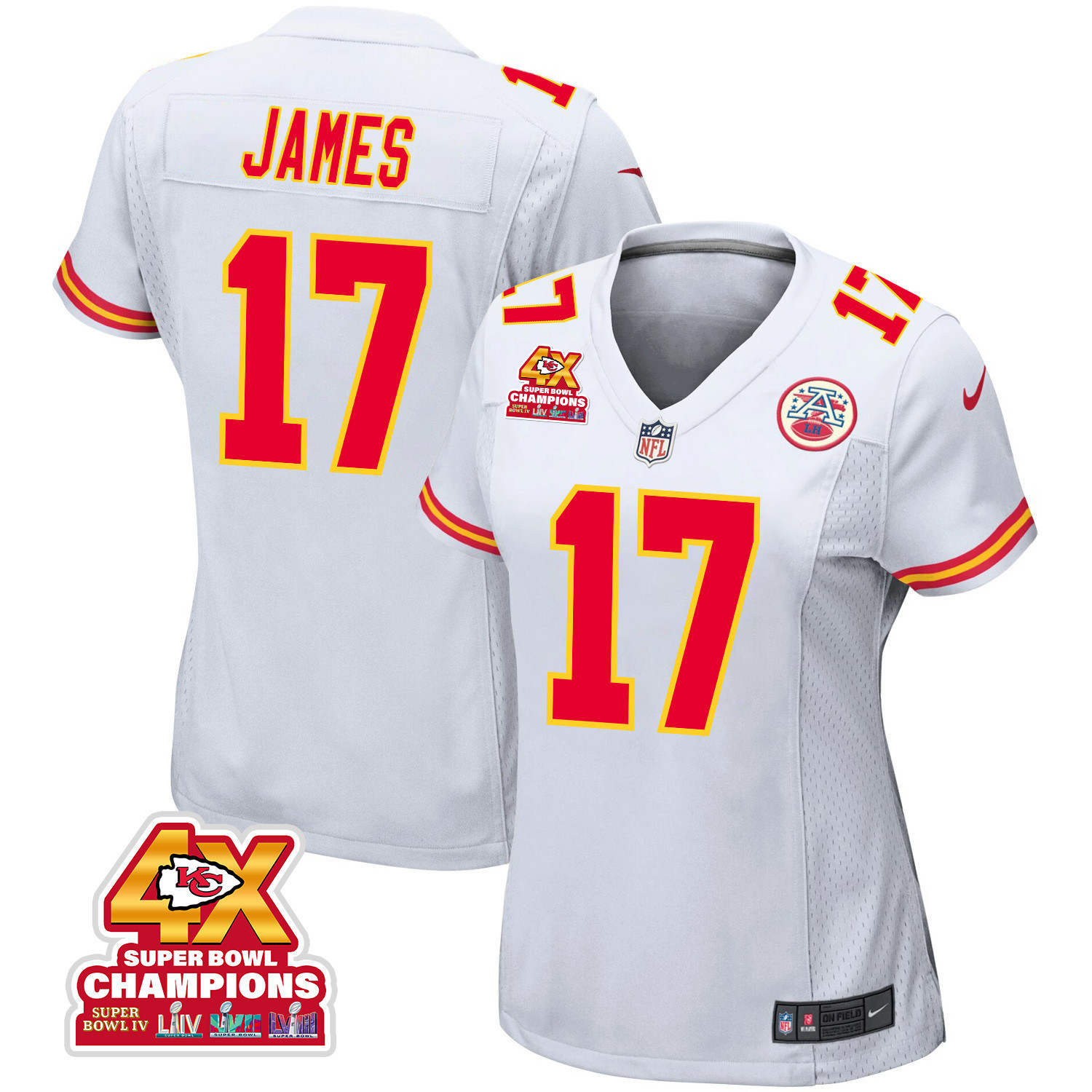 Richie James 17 Kansas City Chiefs Super Bowl LVIII Champions 4X Game White NFL Jersey Women's