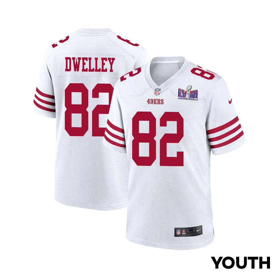 Ross Dwelley 82 San Francisco 49ers Super Bowl LVIII Patch Game White NFL Jersey Youth