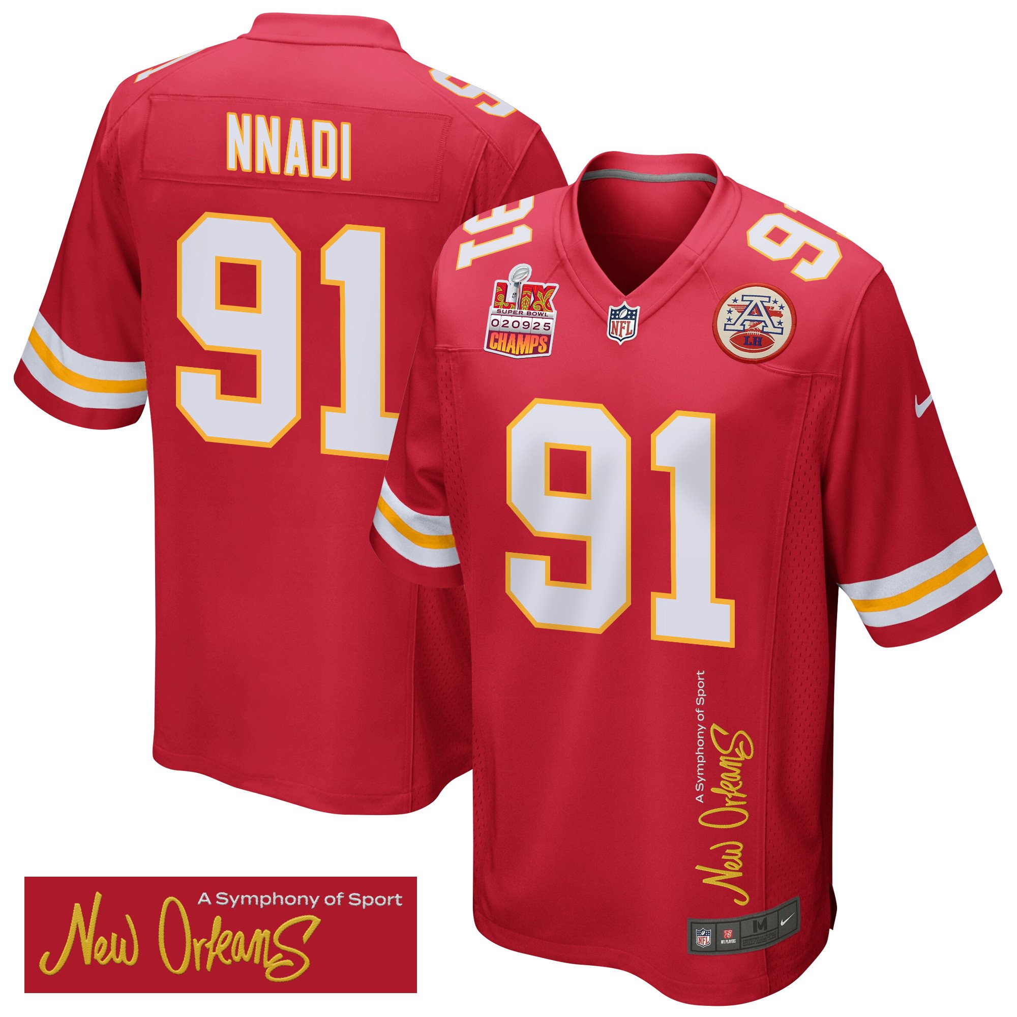 Derrick Nnadi 91 Kansas City Chiefs Super Bowl LIX Champions Patch New Orleans A Symphony of Sport' EMBROIDERED Game Red NFL Jersey Men's