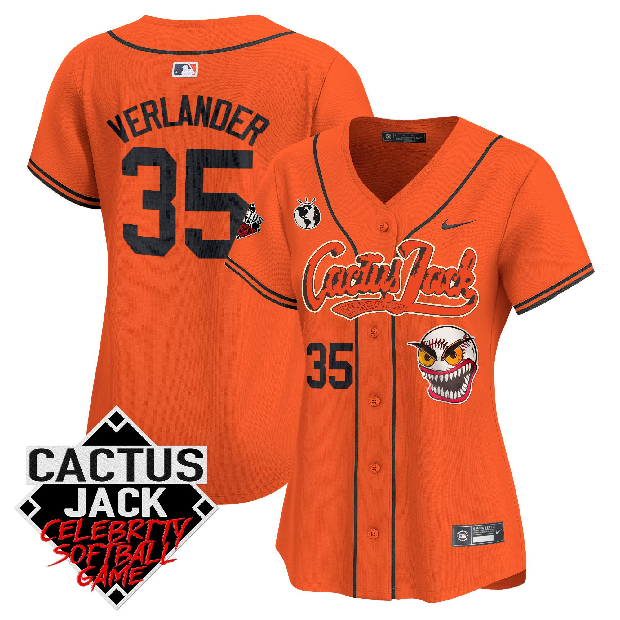 Justin Verlander 35 Houston Astros Cactus Jack Celebrity Softball Game Patch Orange MLB Jersey Women's
