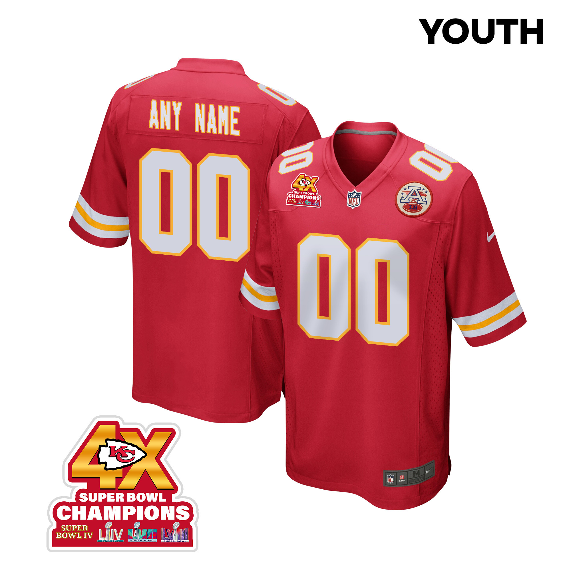 Kansas City Chiefs Super Bowl LVIII Champions 4X Game Custom Red NFL Jersey Youth