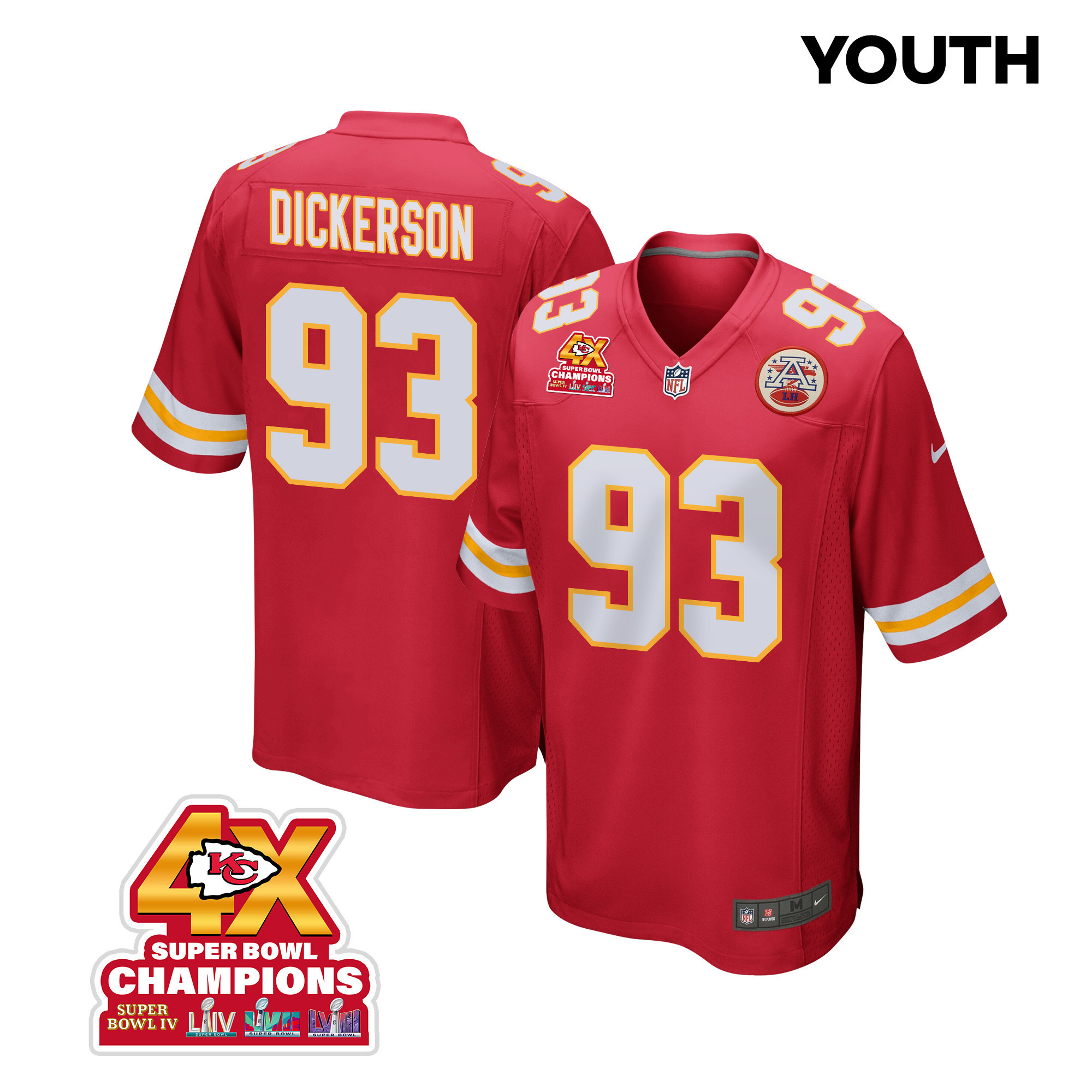 Matt Dickerson 93 Kansas City Chiefs Super Bowl LVIII Champions 4X Game Red NFL Jersey Youth