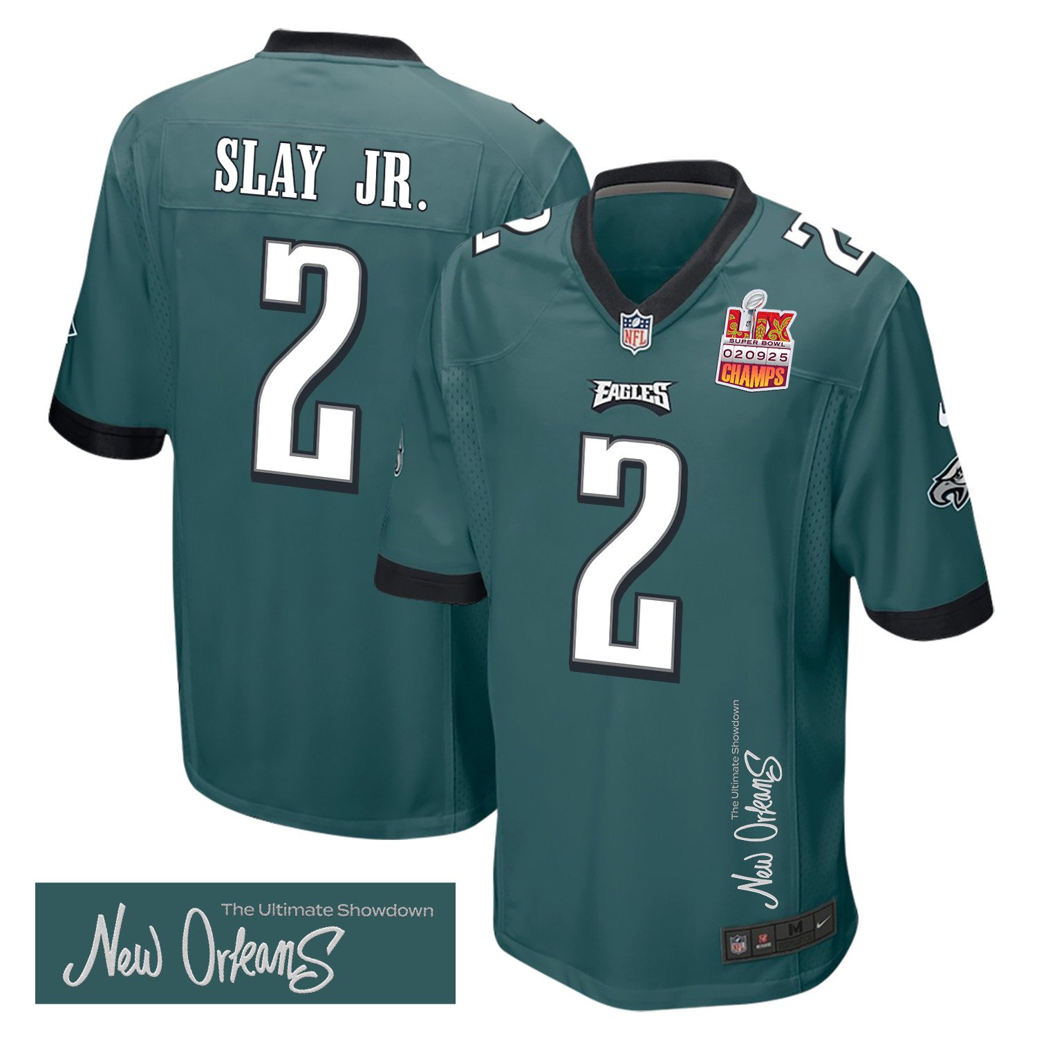 Darius Slay Jr. 2 Philadelphia Eagles Super Bowl LIX Champions Patch New Orleans The Ultimate Showdown' EMBROIDERED Game Midnight Green NFL Jersey Men's