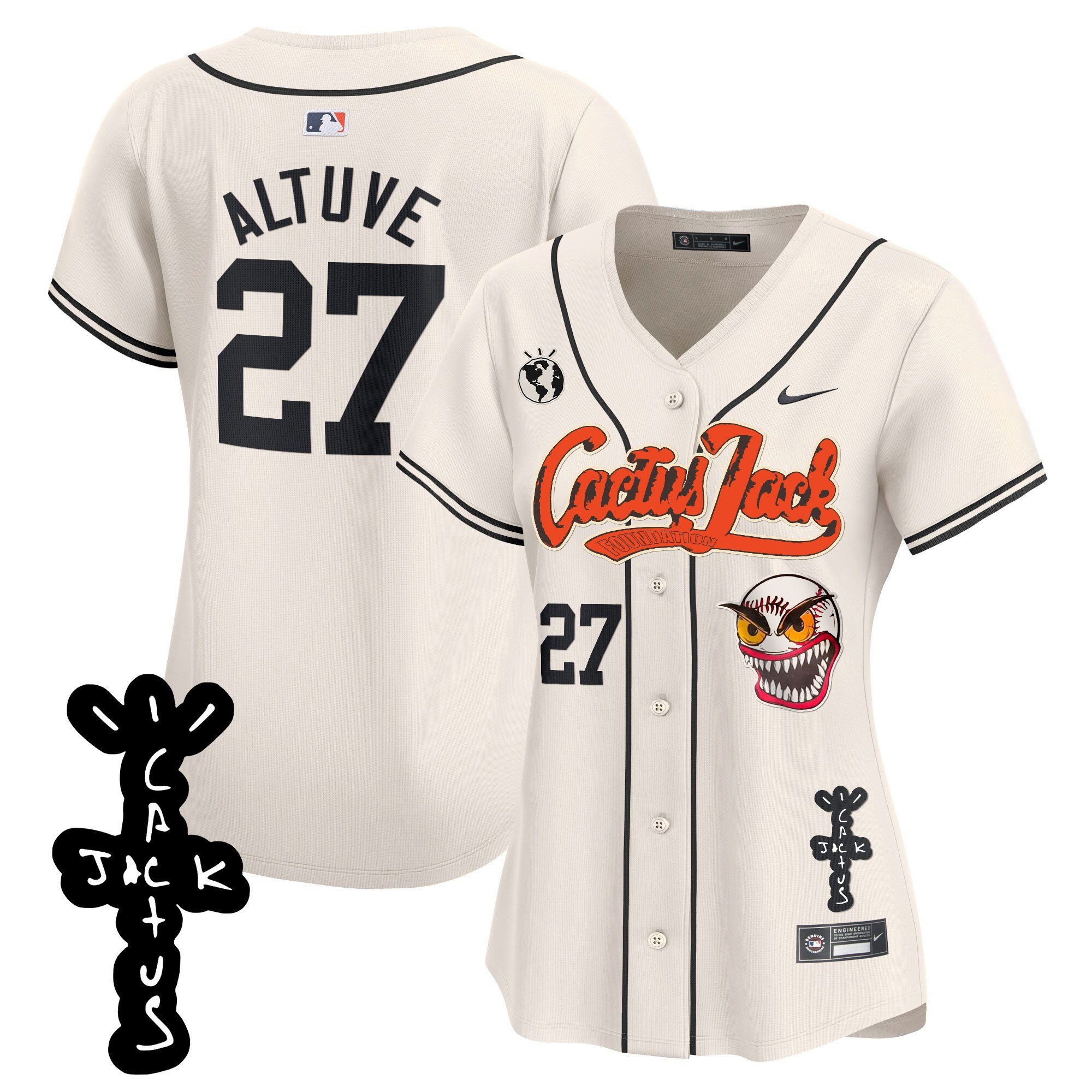 Jose Altuve 27 Houston Astros Cactus Jack Patch V2 Cream MLB Jersey Women's