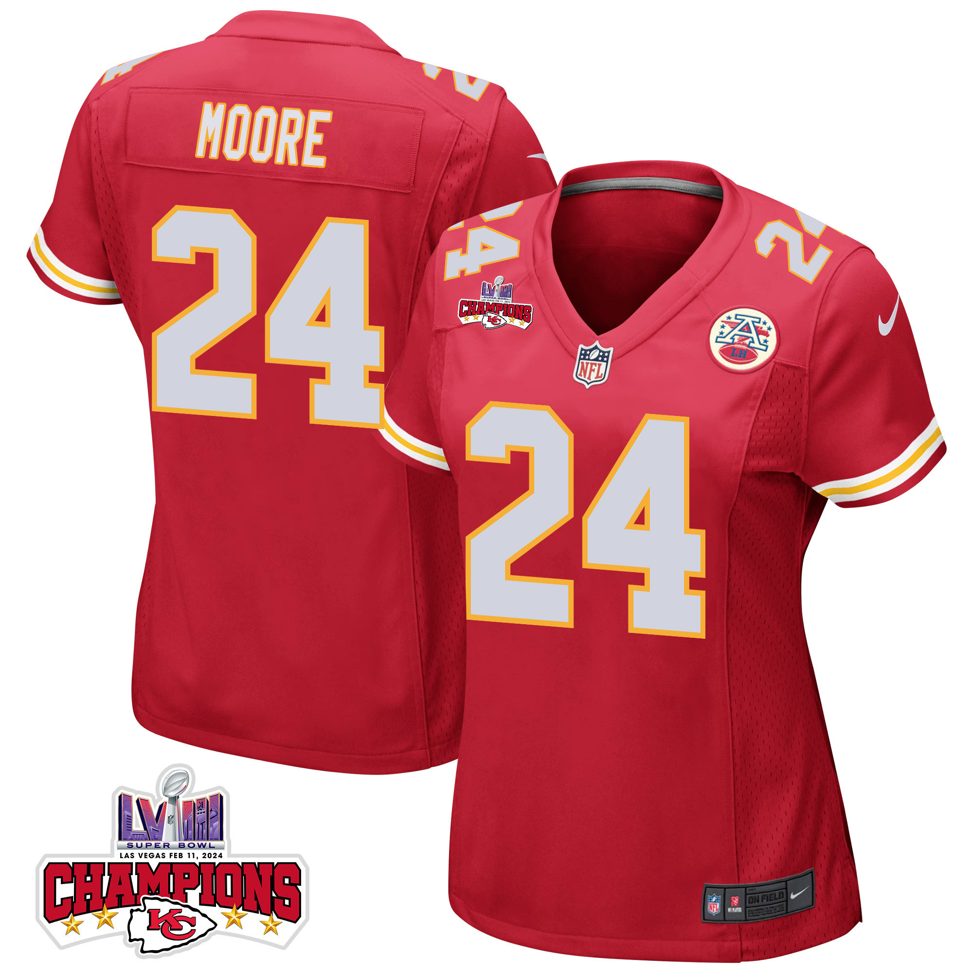 Skyy Moore 24 Kansas City Chiefs Super Bowl LVIII Champions 4 Stars Patch Game Red NFL Jersey Women's