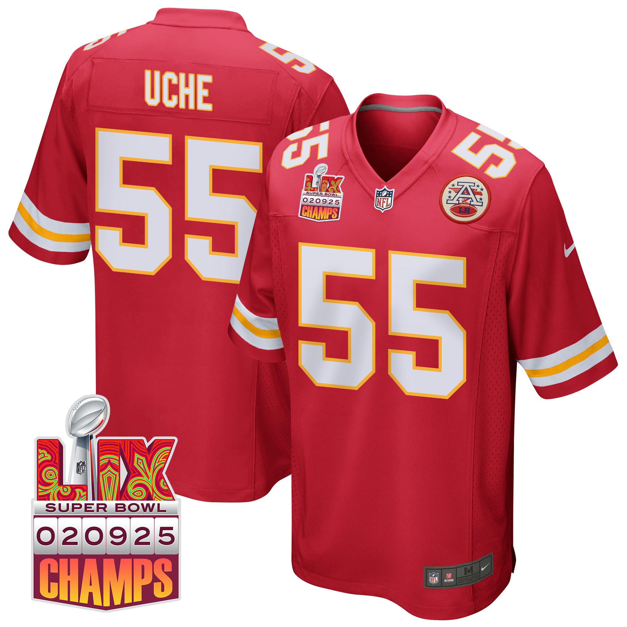 Joshua Uche 55 Kansas City Chiefs Super Bowl LIX Champions Patch Game Red NFL Jersey Men's