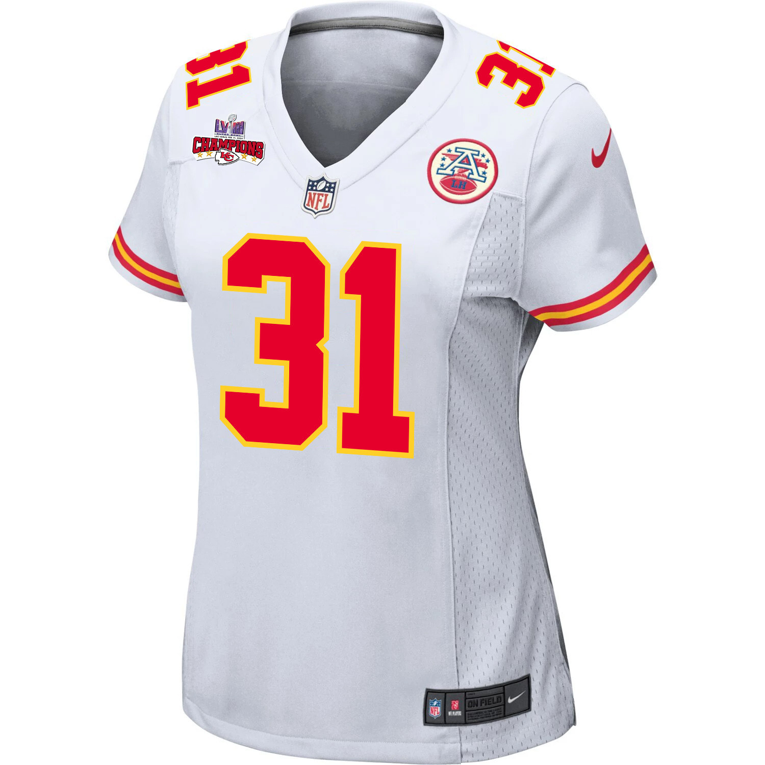 Nic Jones 31 Kansas City Chiefs Super Bowl LVIII Champions 4 Stars Patch Game White NFL Jersey Women's