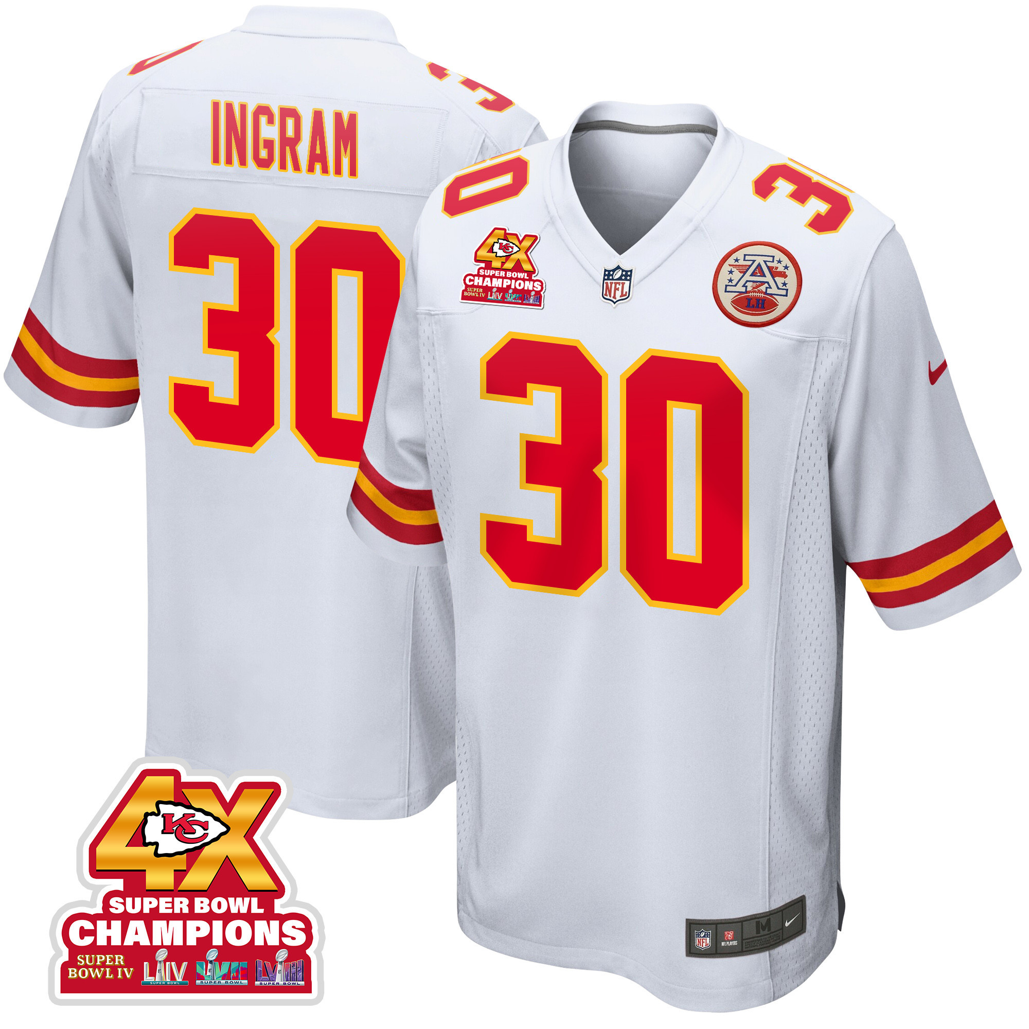 Keaontay Ingram 30 Kansas City Chiefs Super Bowl LVIII Champions 4X Game White NFL Jersey Men's