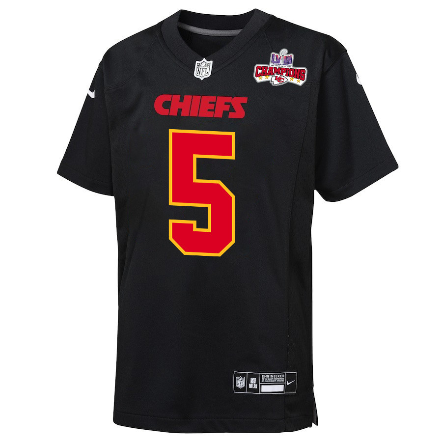 Tommy Townsend 5 Kansas City Chiefs Super Bowl LVIII Champions 4 Stars Patch Fashion Game Carbon Black NFL Jersey Youth