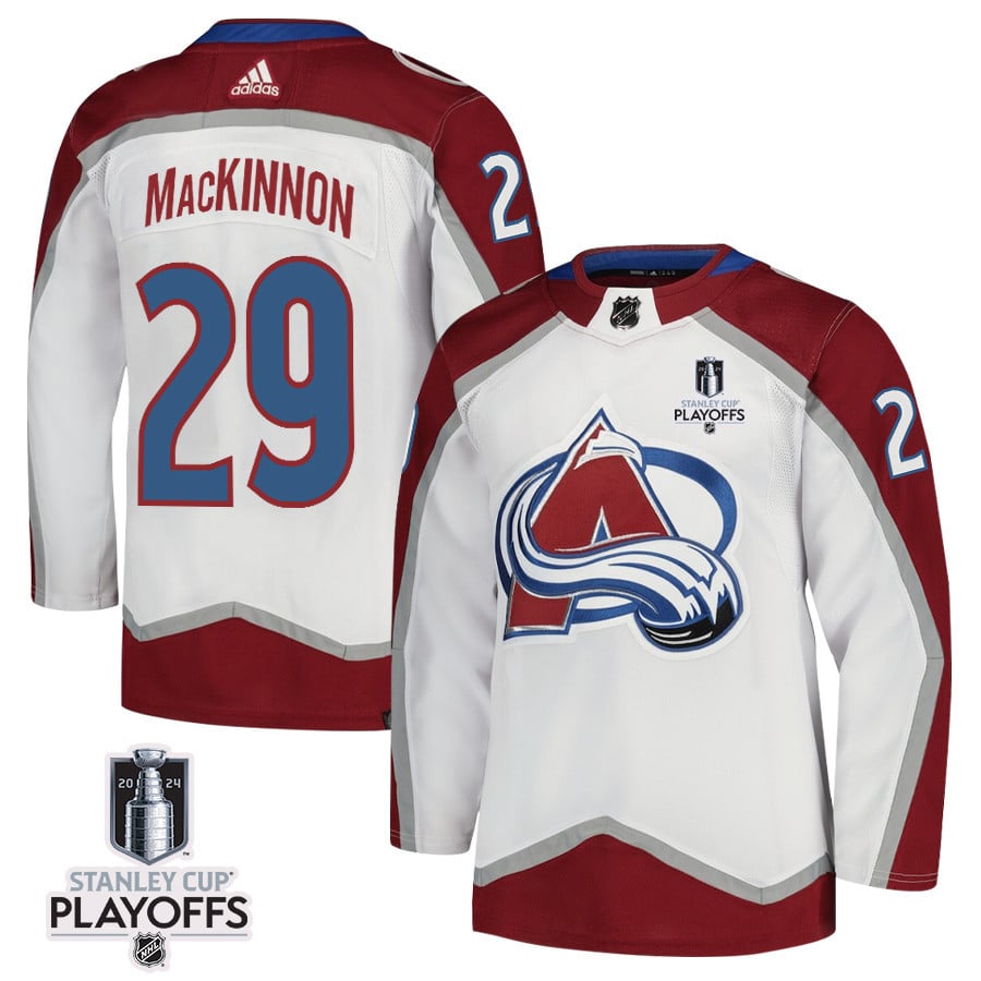 Nathan MacKinnon 29 Colorado Avalanche 2024 Playoffs Patch Away White NHL Jersey Men's
