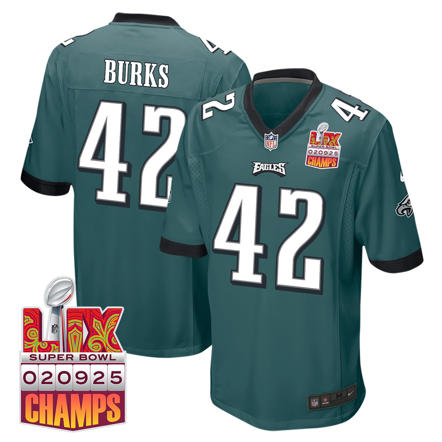 Oren Burks 42 Philadelphia Eagles Super Bowl LIX Champions Patch Game Midnight Green NFL Jersey Men's
