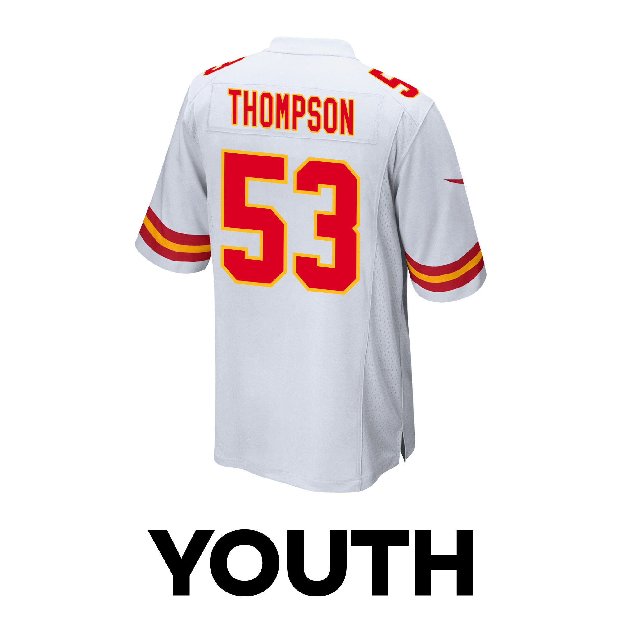 BJ Thompson 53 Kansas City Chiefs Super Bowl LVIII Champions 4 Stars Patch Game White NFL Jersey Youth