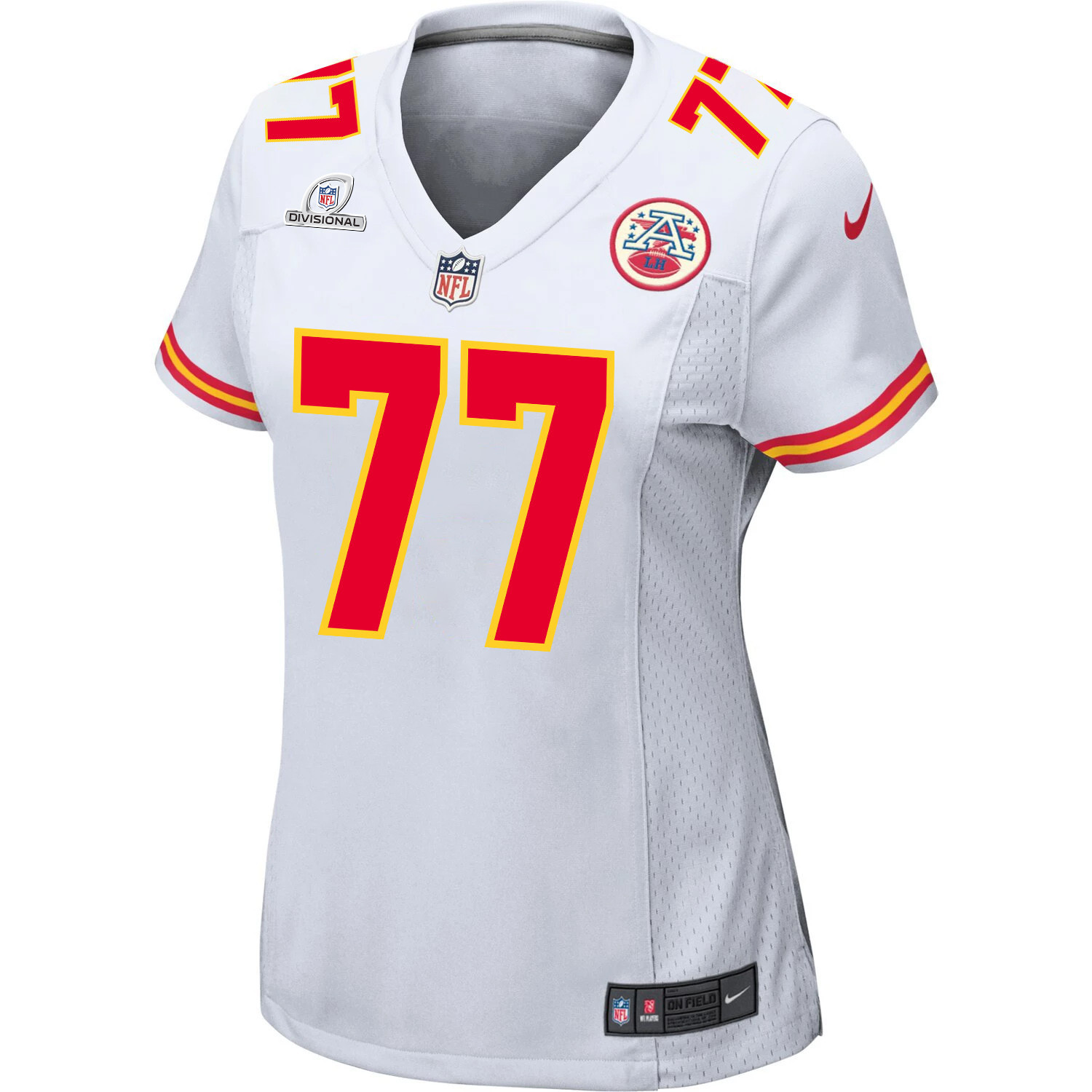 Lucas Niang 77 Kansas City Chiefs Super Bowl LVIII Patch Game White NFL Jersey Women's