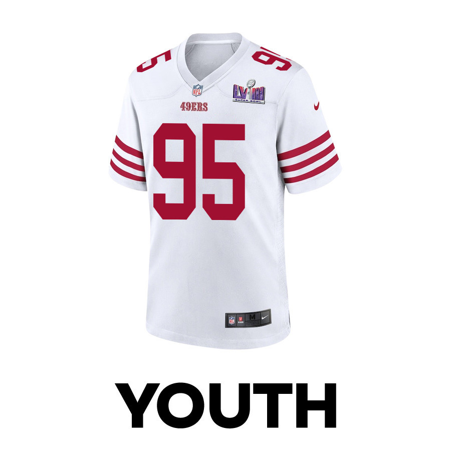 Drake Jackson 95 San Francisco 49ers Super Bowl LVIII Patch Game White NFL Jersey Youth