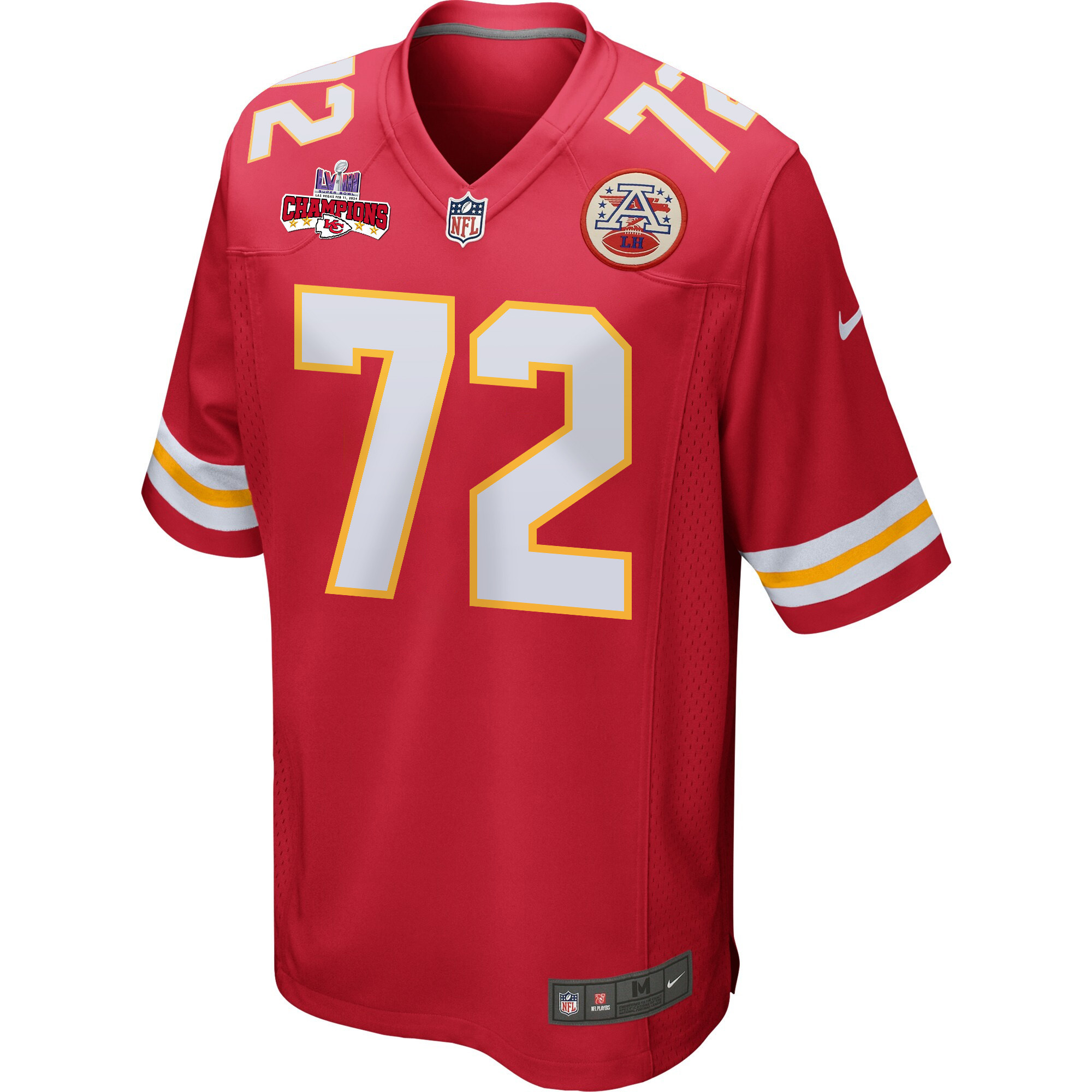 Chukwuebuka Godrick 72 Kansas City Chiefs Super Bowl LVIII Champions 4 Stars Patch Game Red NFL Jersey Men's
