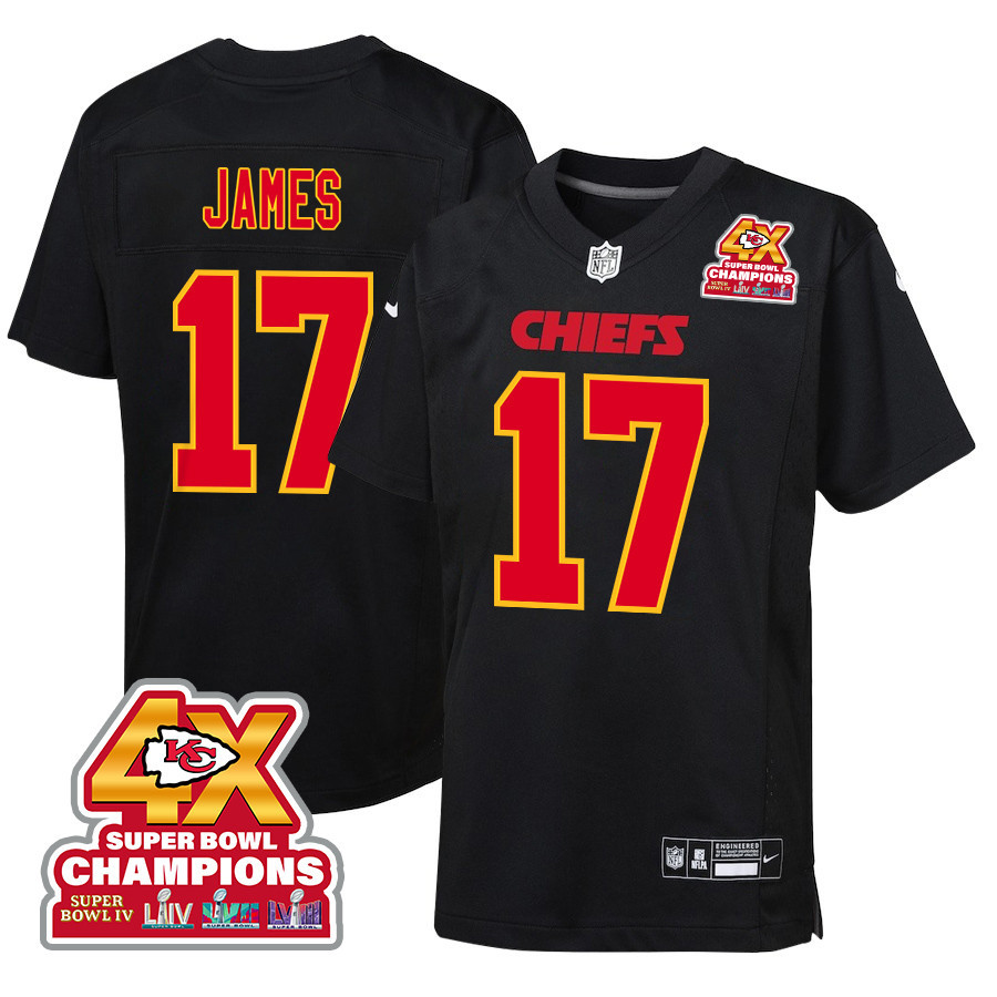 Richie James 17 Kansas City Chiefs Super Bowl LVIII Champions 4X Fashion Game Carbon Black NFL Jersey Youth