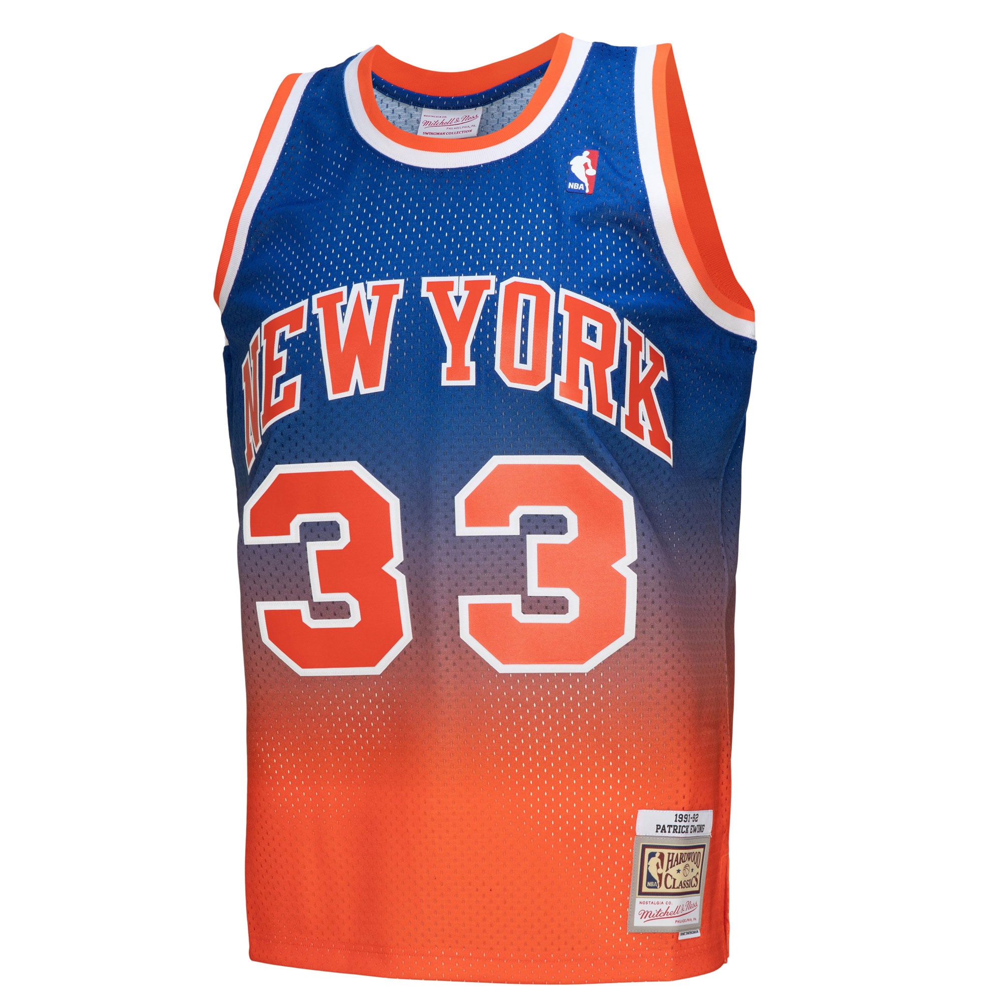 Mitchell Ness Patrick Ewing Orange/Royal New York Knicks 1991/92 Hardwood Classics Fadeaway Swingman Player NBA Jersey Men's
