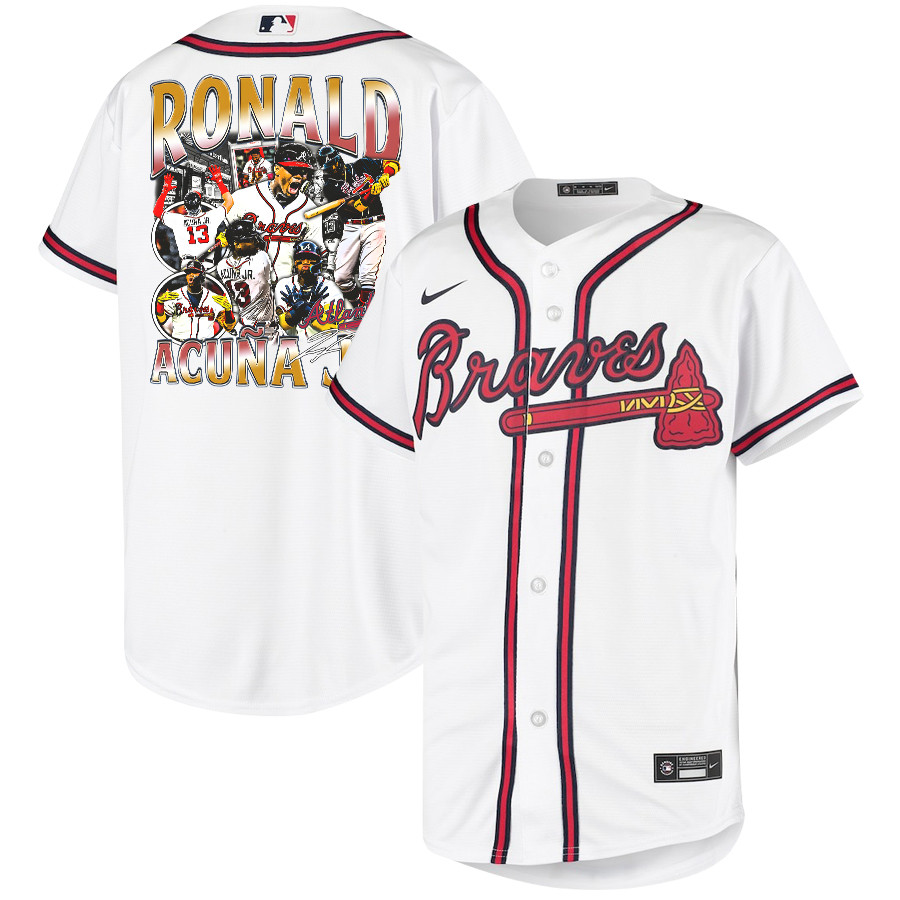 Ronald Acu?a Jr. 13 Atlanta Braves Signed Posture 2023 Home Player White Red MLB Jersey Youth